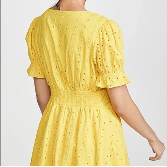 Cleobella Kaia Yellow Eyelet Cotton Mini Summer Dress Medium Boho Casual - Picture 2 of 10